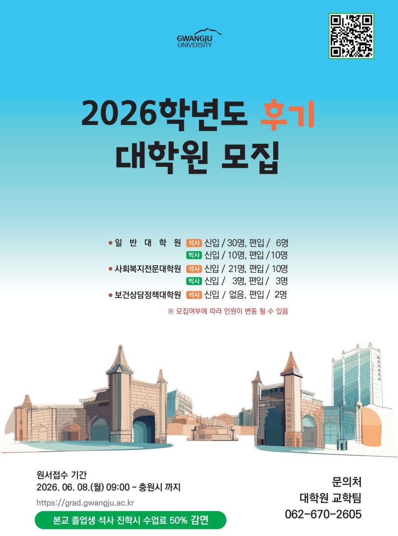 🎓 2026학년도 후기 대학원 신·편입생을 모집합니다📌 모집기간2026.06.08.(월) ~ 06.19.(금) 17:00까지📚 모집인원[신입학]✔ 일반대학원* 석사 30명 / 박사 10명✔ 사회복지전문대학원* 석사 21명 / 박사 3명✔ 보건상담정책대학원* 석사 모집 없음[편입학]✔ 일반대학원* 석사 6명 / 박사 10명✔ 사회복지전문대학원* 석사 10명 / 박사 3명✔ 보건상담정책대학원* 석사 2명📎 자세한 사항은 광주대학교 대학원 홈페이지 참고https://grad.gwangju.ac.kr/📞 문의062-670-2605 / 2358 / 2122#광주대학교 #광주대 #광주대학교대학원 #대학원 #석사 #박사 #대학원입학 #대학원모집