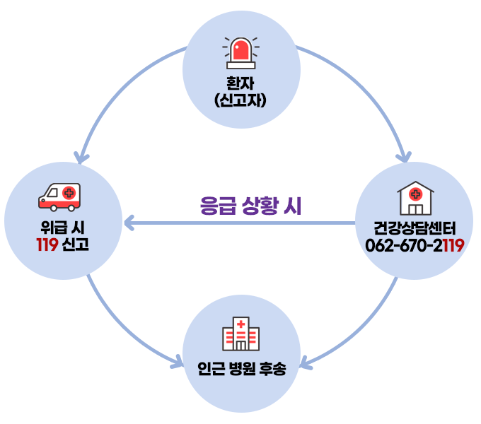응급체계도:환자(신고자)→건강상담센터 062-670-2119→(응급 상황 시)위급 시 119 신고→인근 병원 후송
