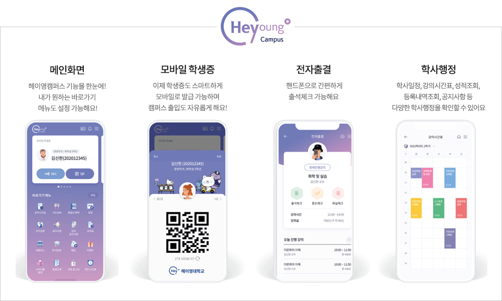 Heyoung Campus
메인화면:헤이영캠퍼스 기능을 한눈에! 내가 원하는 바로가기 메뉴도 설정 가능해요! / 모바일학생증:이제 학생증도 스마트하게 모바일로 발급 가능하며 캠퍼스 출입도 자유롭게 해요! / 전자출결:핸드폰으로 간편하게 출석체크 가능해요 / 학사행정:학사일정 강의시간표, 성적조회, 등록내역조회, 공지사항 등 다양한 학사행정을 확인할 수 있어요
